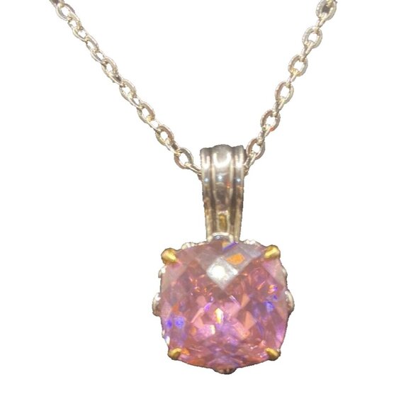 Unbranded Jewelry - Two-tone Necklace Cushion Cut Pink CZ Renaissance Revival 16" + 3" Barbiecore
